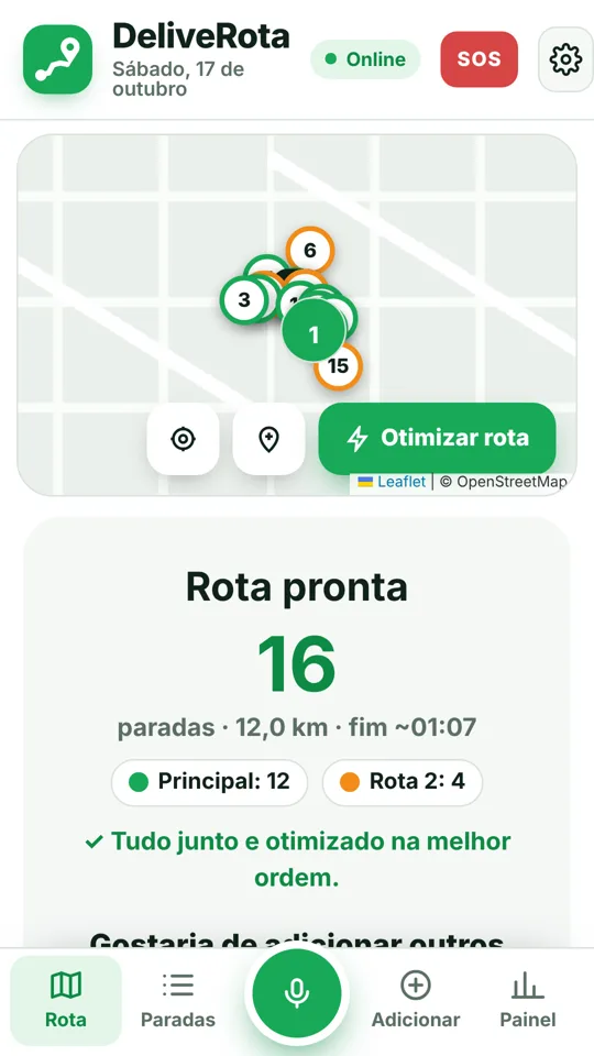 Rota pronta e otimizada, com 16 paradas