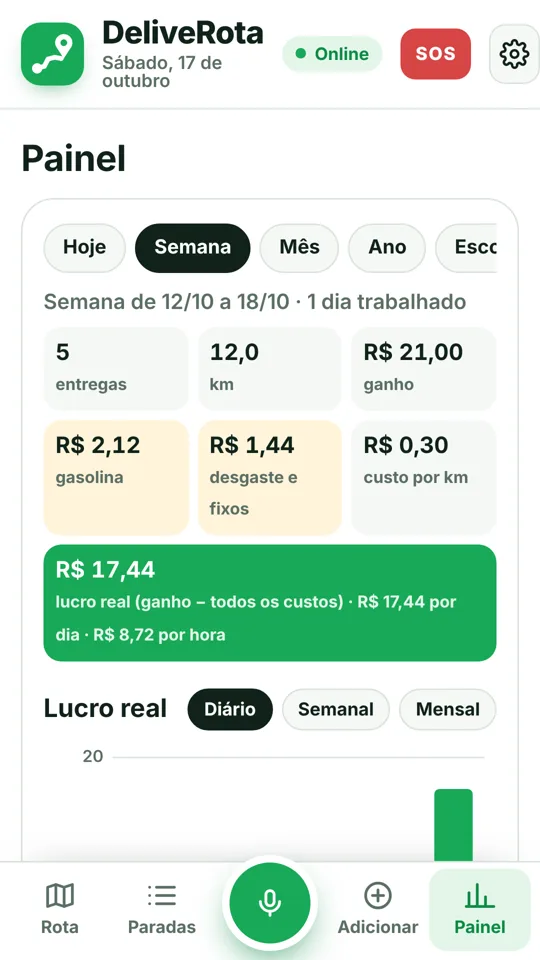 Painel de ganhos e lucro do dia
